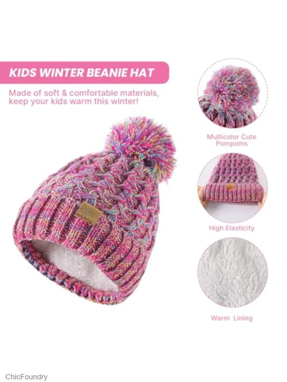 Girls Fleece Lined Knitted Pom Hat, Scarf, Gloves Set Winter Warm Set